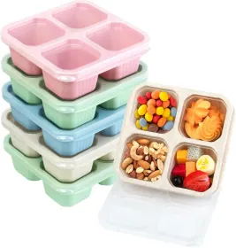 6 Pack Snack Boxes, 4 Compartment Lunch Boxes, Reusable Bento Boxes For Adults, Wheat Straw, Divided Food Containers With Lids