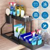 2 Pack 2-Tier Under Sink Organizer L-Shape Sliding Cabinet Organizers Storage Shelves with 8 Removable Hooks 2 Hanging Cups for Bathroom Kitchen Offic
