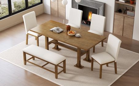 TOPMAX Farmhouse 76inch 6-Piece Extendable Dining Table Set Trestle Kitchen Table Set with 18inch Removable Leaf and Upholstered Dining Chair and