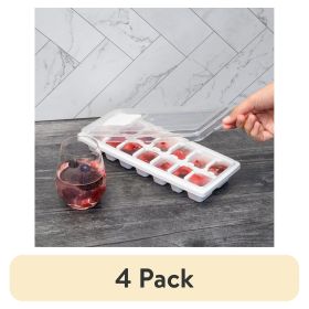(4 pack) Plastic Ice Cube Tray with 14 Ice Cube Molds and Removable Lid, White