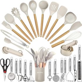 35 PCs Cooking Utensils With Grater,Tongs, Spoon Spatula  Turner Made Of Heat Resistant Food Grade Silicone And Wooden Handles (Option: BEIGE)