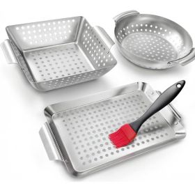 3Pcs Stainless Steel Grill Basket Set With Basting Brush, Compact BBQ Pan (Option: Silver)