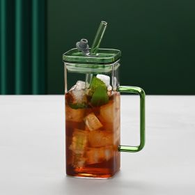 1 Pcs Green Glass Straw Cup, 6 Colors Square Glass Cup With Straw And Lid, High Borosilicate Glass Cup, Milk Cup, Juice Cup, Cold Drink Cup, Coff (Color: Green)